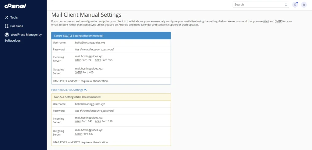 business email settings in cPanel