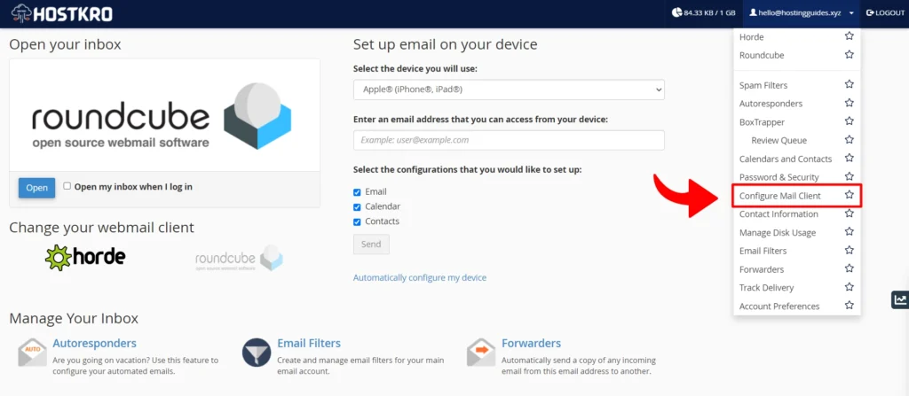 check email settings in webmail