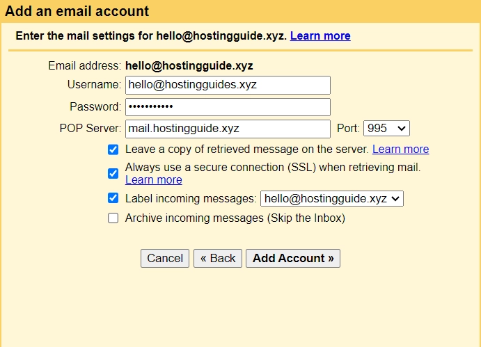 enter your email setting details